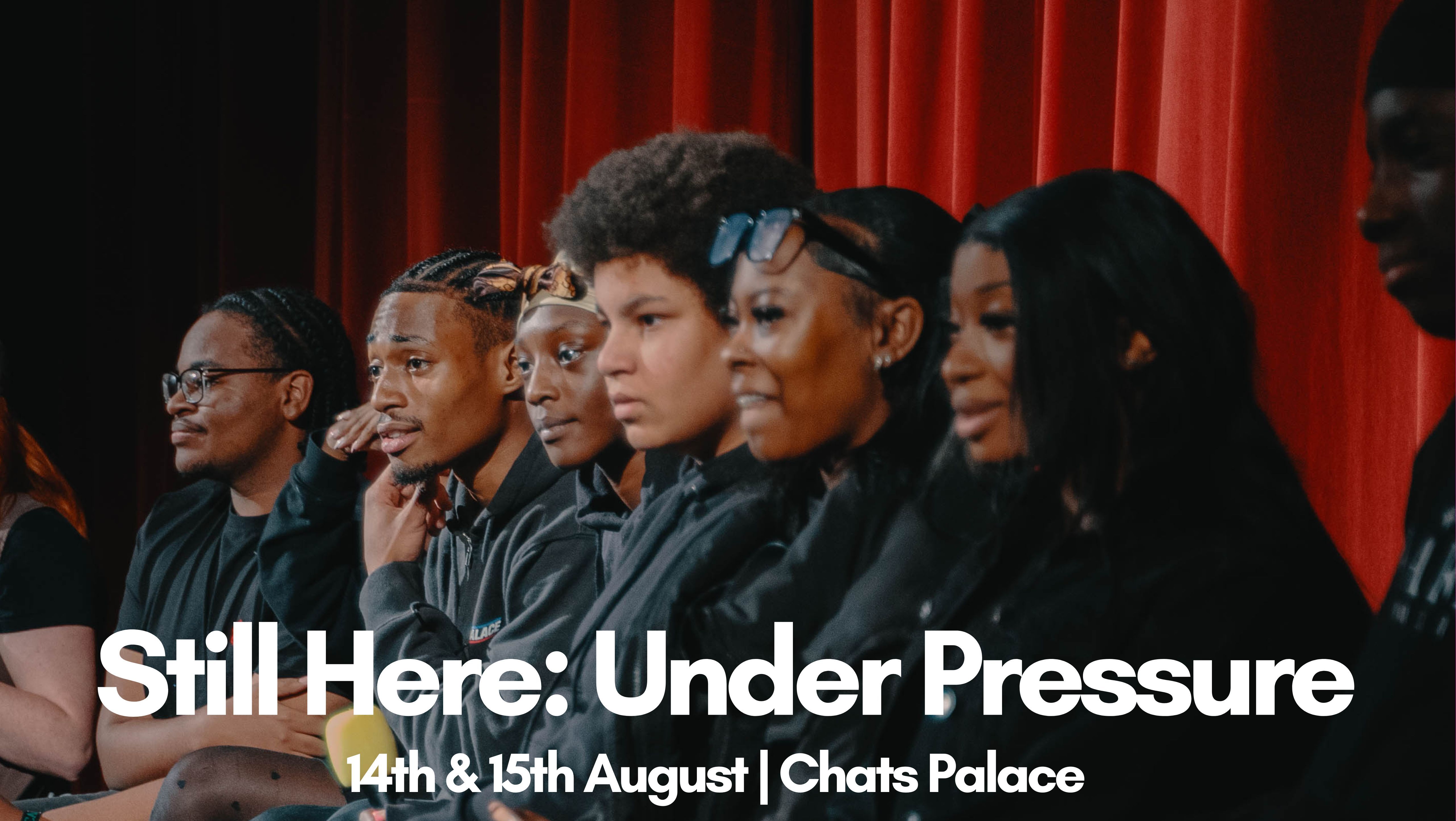 Exposure Flyer A group of young people sitting in a row - there is text over the image saying Exposure Monday - Saturday 15th August